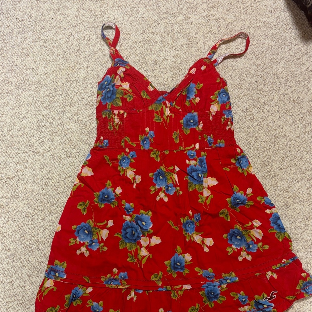 Hollister Red Smocked Top with Multicolor Floral Trim
